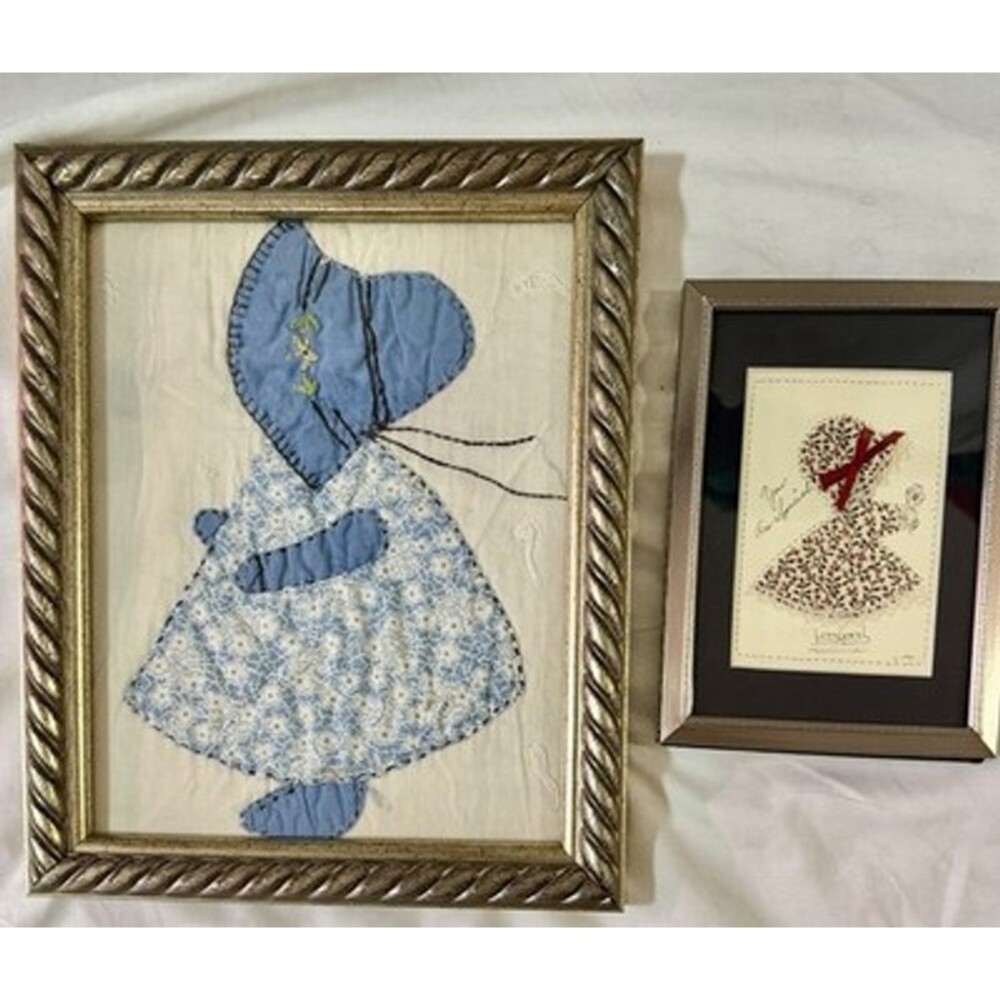 Vtg HOLLY HOBBIE Handmade Framed Crewel Needlepoint Pictures 17”x13” & 5”x4”